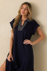 Let It Play Out Navy Knit Contrast Detail V-Neck Short Sleeve Midi Dress