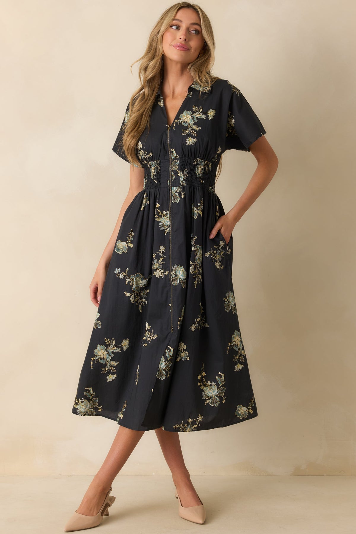 Always Welcome Navy Multi Floral Print Cotton Smocked Waist Midi Dress