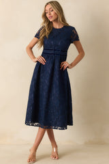Never Look Back Navy Floral Lace Short Sleeve Velvet Trim Midi Dress