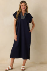 Let It Play Out Navy Knit Contrast Detail V-Neck Short Sleeve Midi Dress