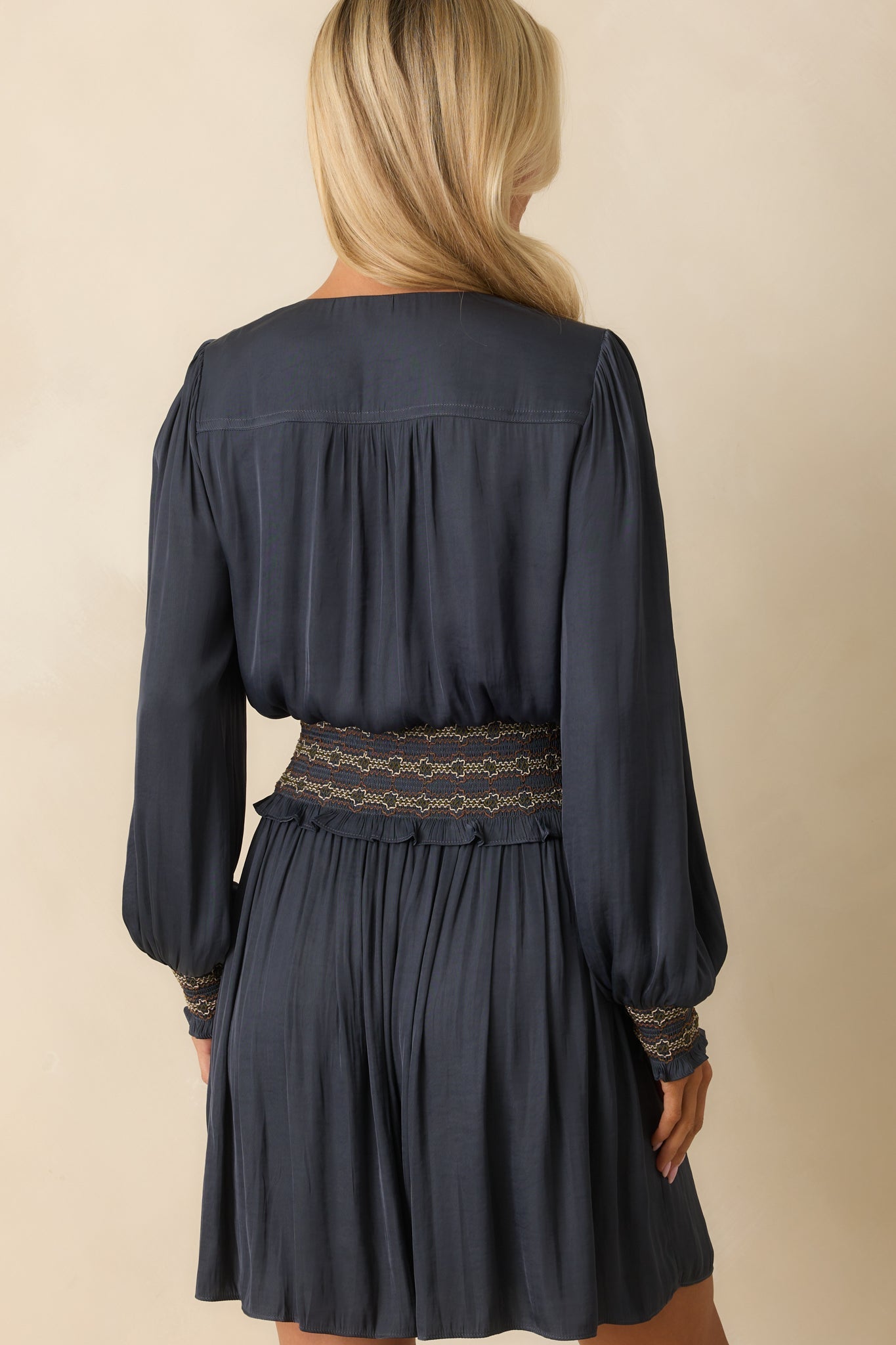 On Better Terms Navy Satin Long Sleeve Smocked Waist Mini Dress