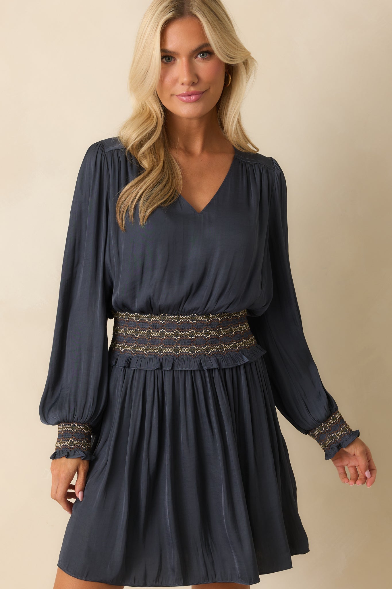 On Better Terms Navy Satin Long Sleeve Smocked Waist Mini Dress