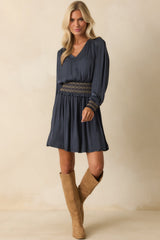 On Better Terms Navy Satin Long Sleeve Smocked Waist Mini Dress