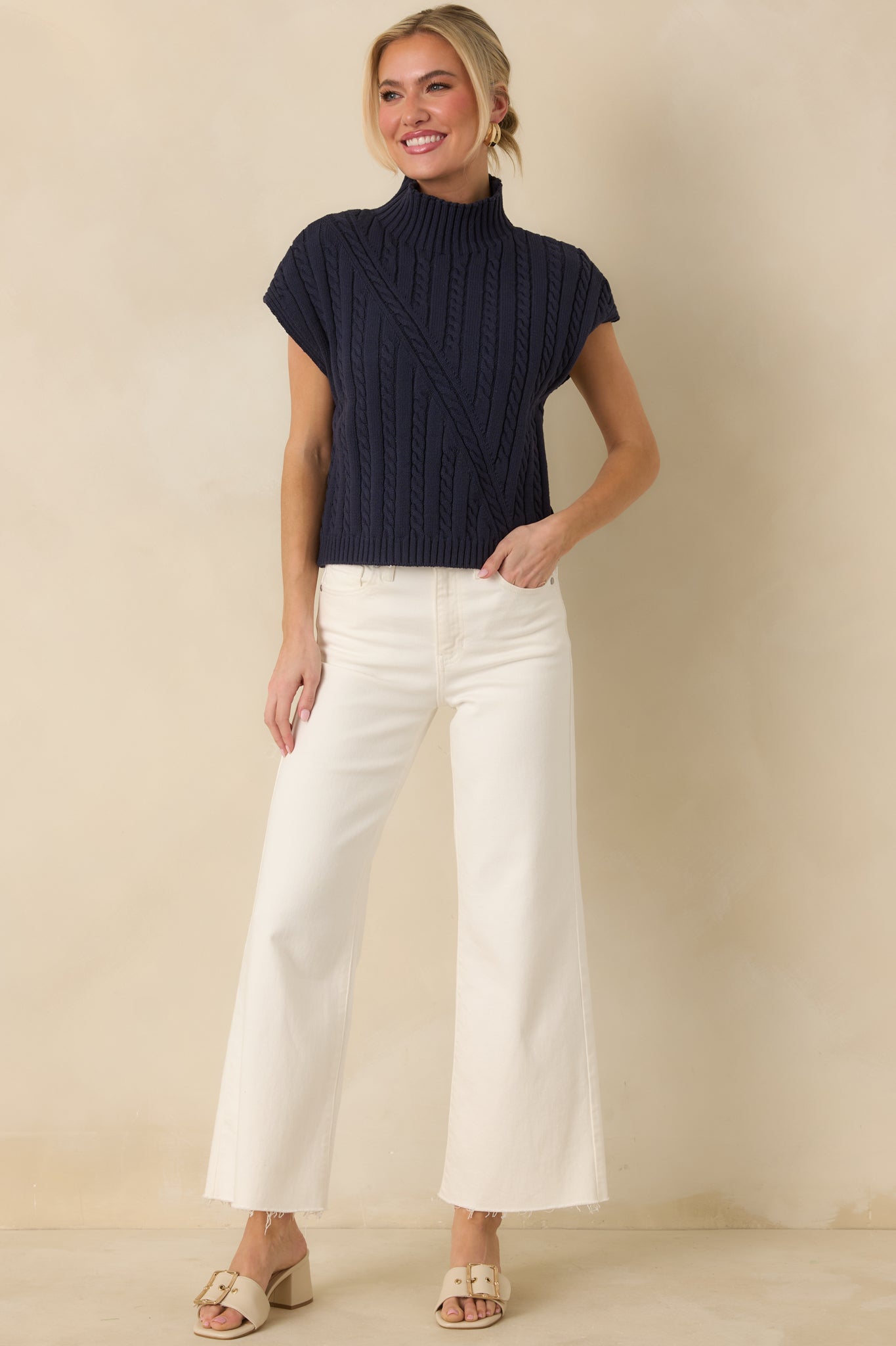 I'm Sure of It Navy Cable Knit Sleeveless Mock Neck Sweater