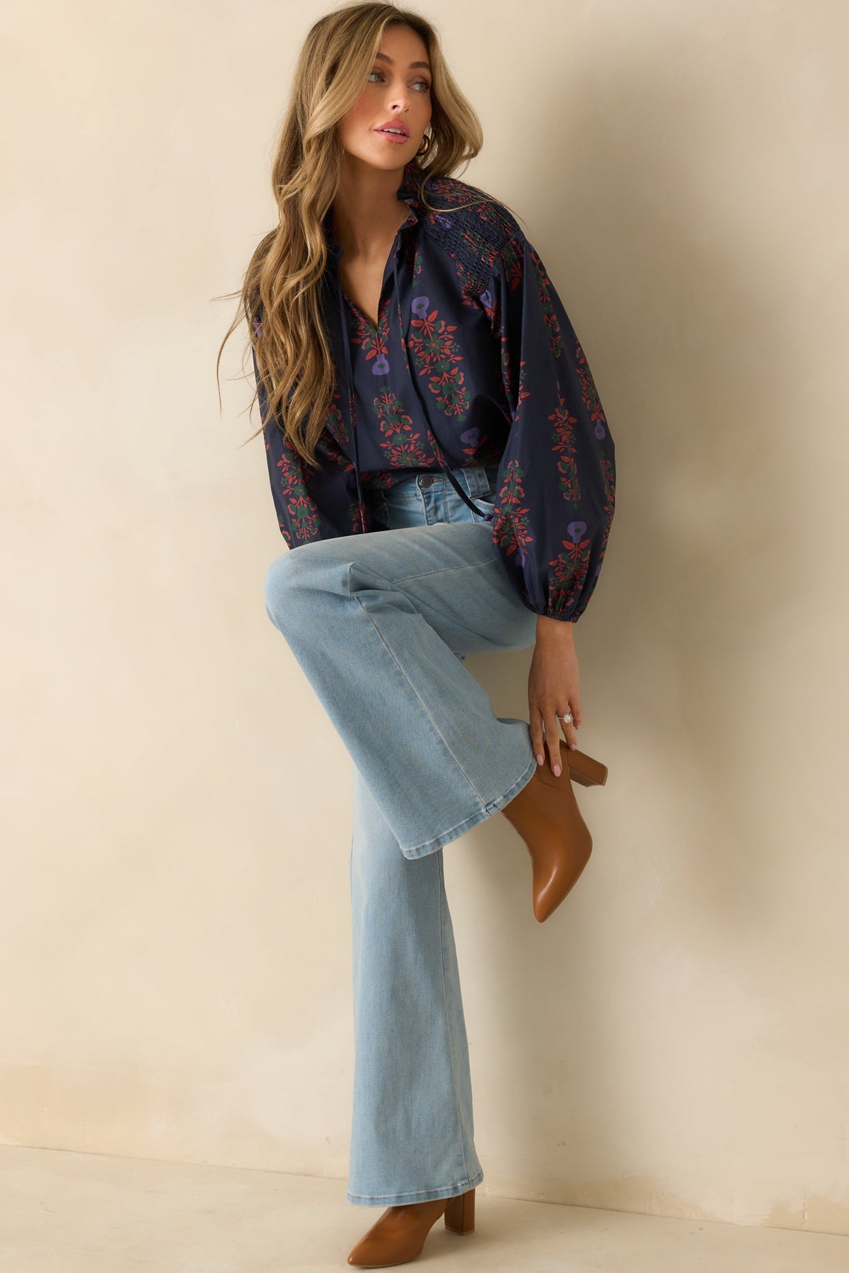 Starlit Garden Navy Multi Floral Print Cotton Peasant Top