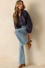Starlit Garden Navy Multi Floral Print Cotton Peasant Top