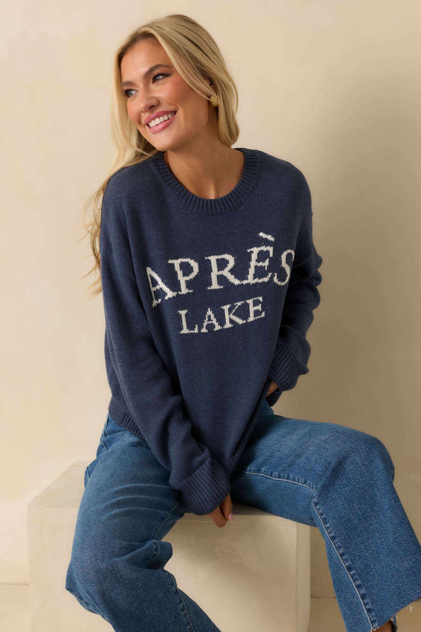 My Lakeside Dreams Navy Knit Cotton Crewneck Sweater
