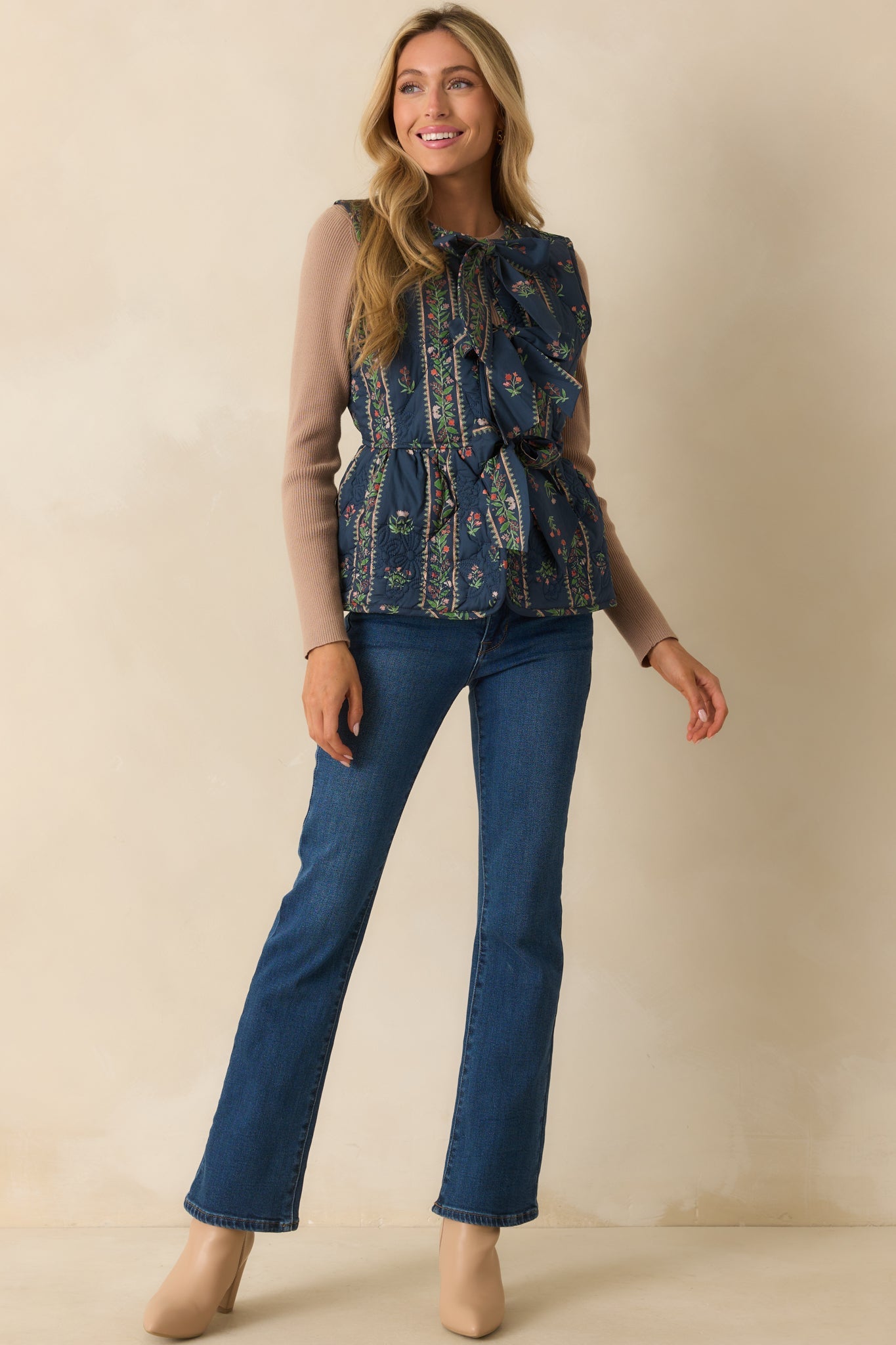 After All Is Said Navy Multi Floral Print Bow Front Quilted Vest