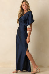 All The Right Reasons Navy Satin Lace Trim Maxi Dress