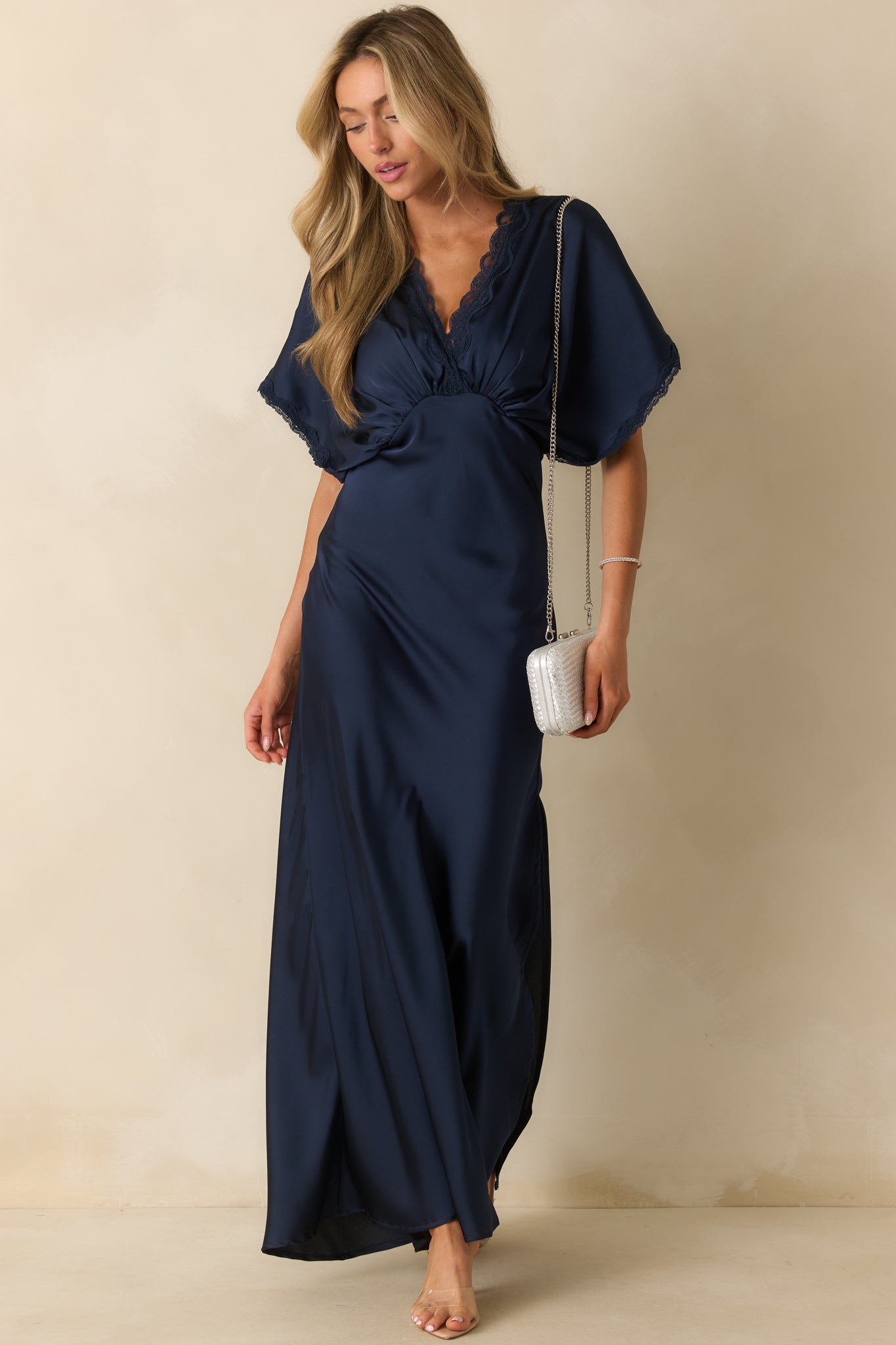 All The Right Reasons Navy Satin Lace Trim Maxi Dress