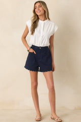 You Were Saying Navy Cotton Scalloped Trim Shorts