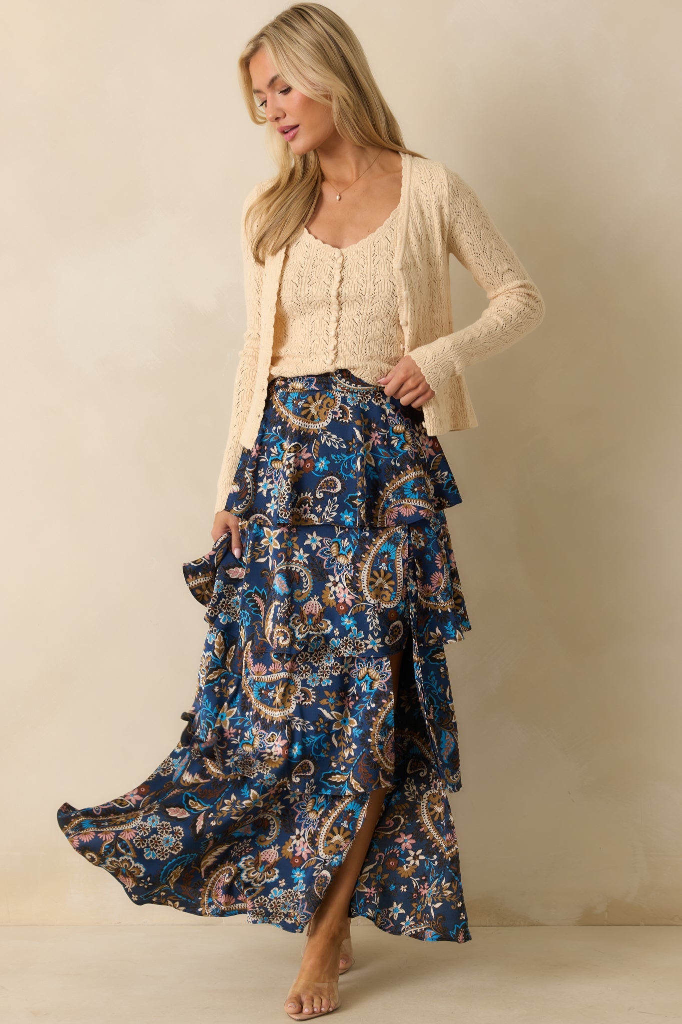 Meant To Stay Navy Multi Floral Print Tiered Satin Maxi Skirt