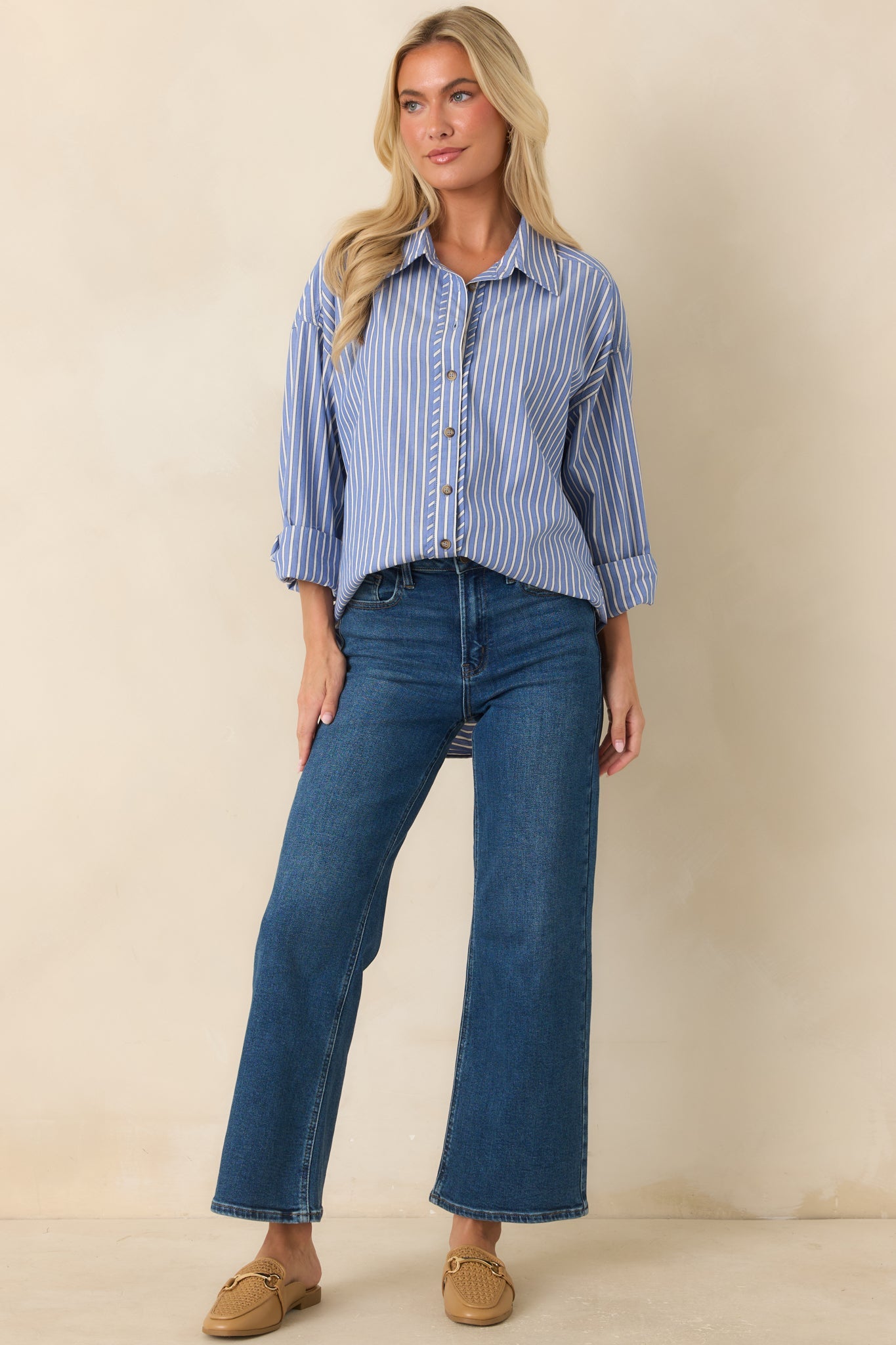 Just What You Wanted Navy Stripe Cotton Button Up Shirt