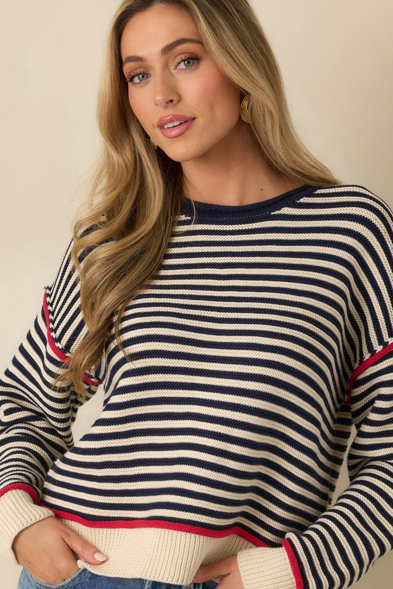 Sail With Me Navy Stripe Cotton Blend Crewneck Sweater