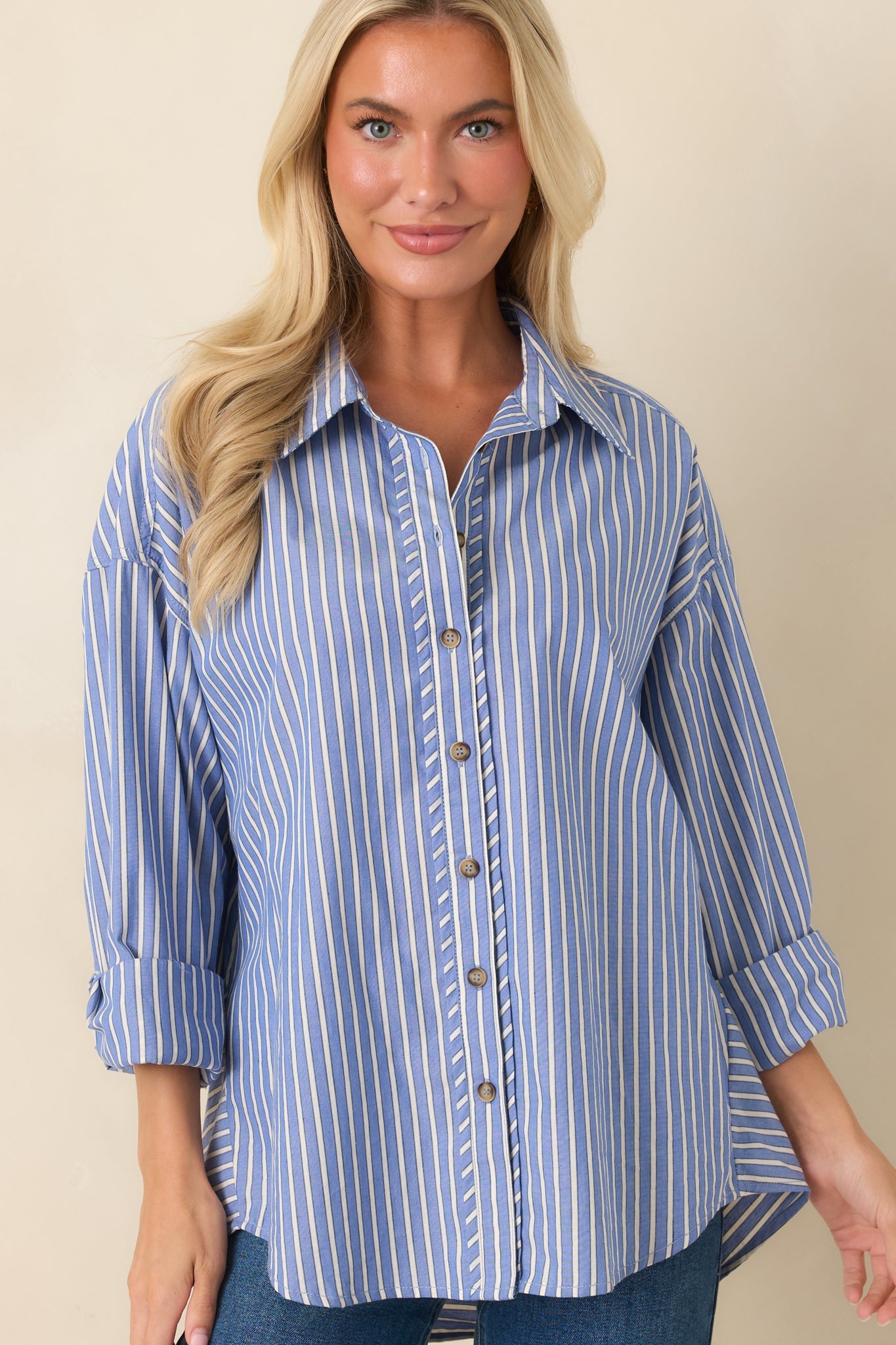 Just What You Wanted Navy Stripe Cotton Button Up Shirt