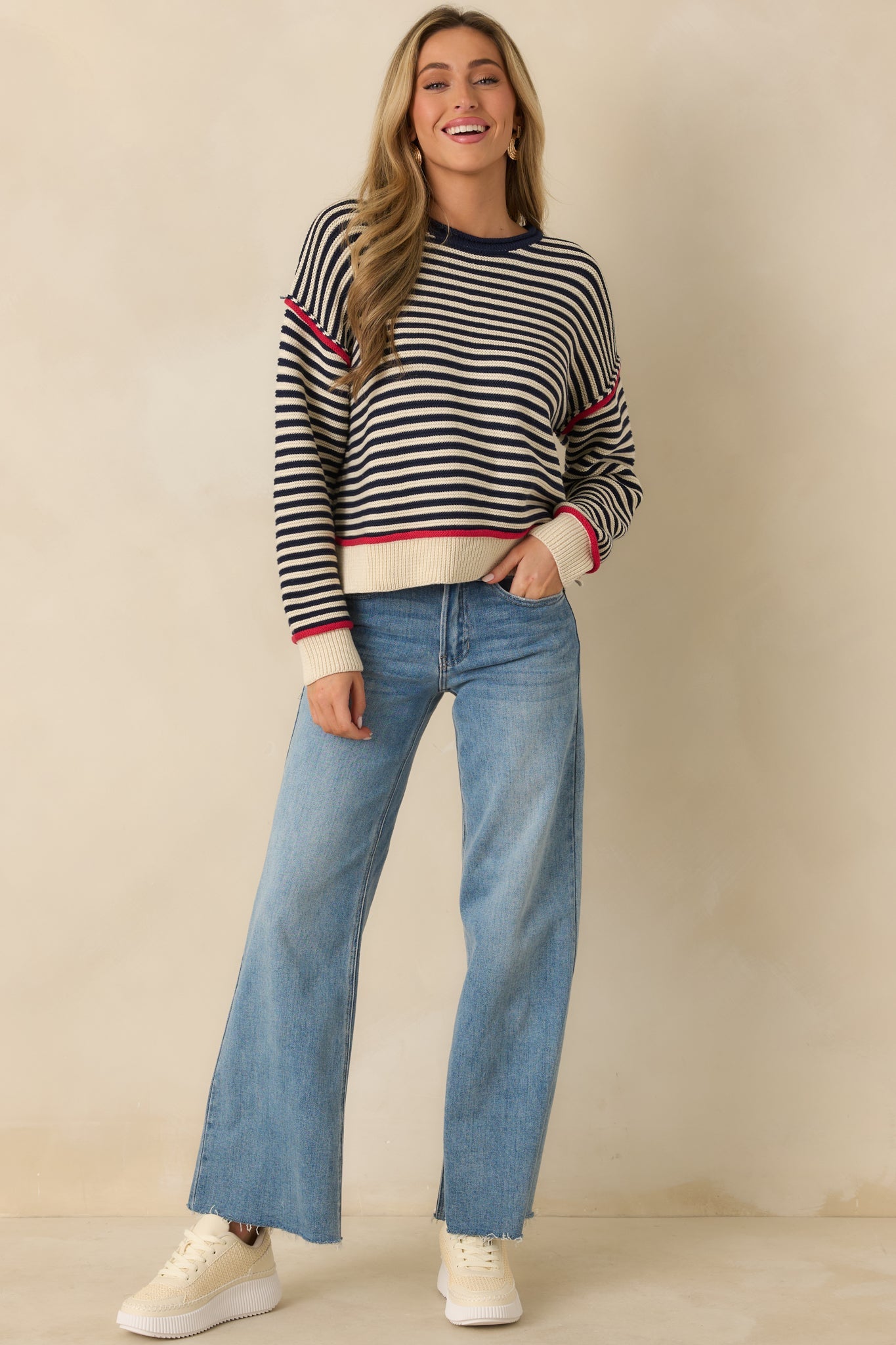 Sail With Me Navy Stripe Cotton Blend Crewneck Sweater