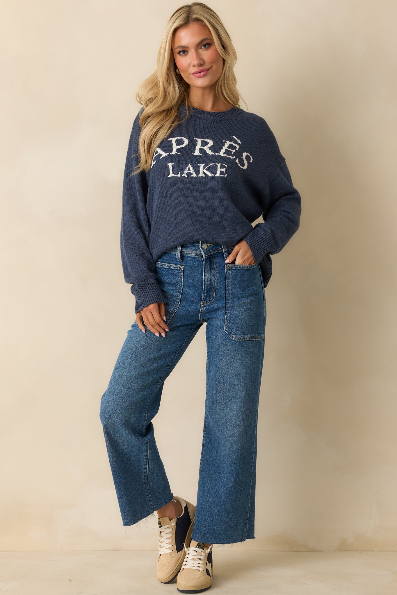 My Lakeside Dreams Navy Knit Cotton Crewneck Sweater