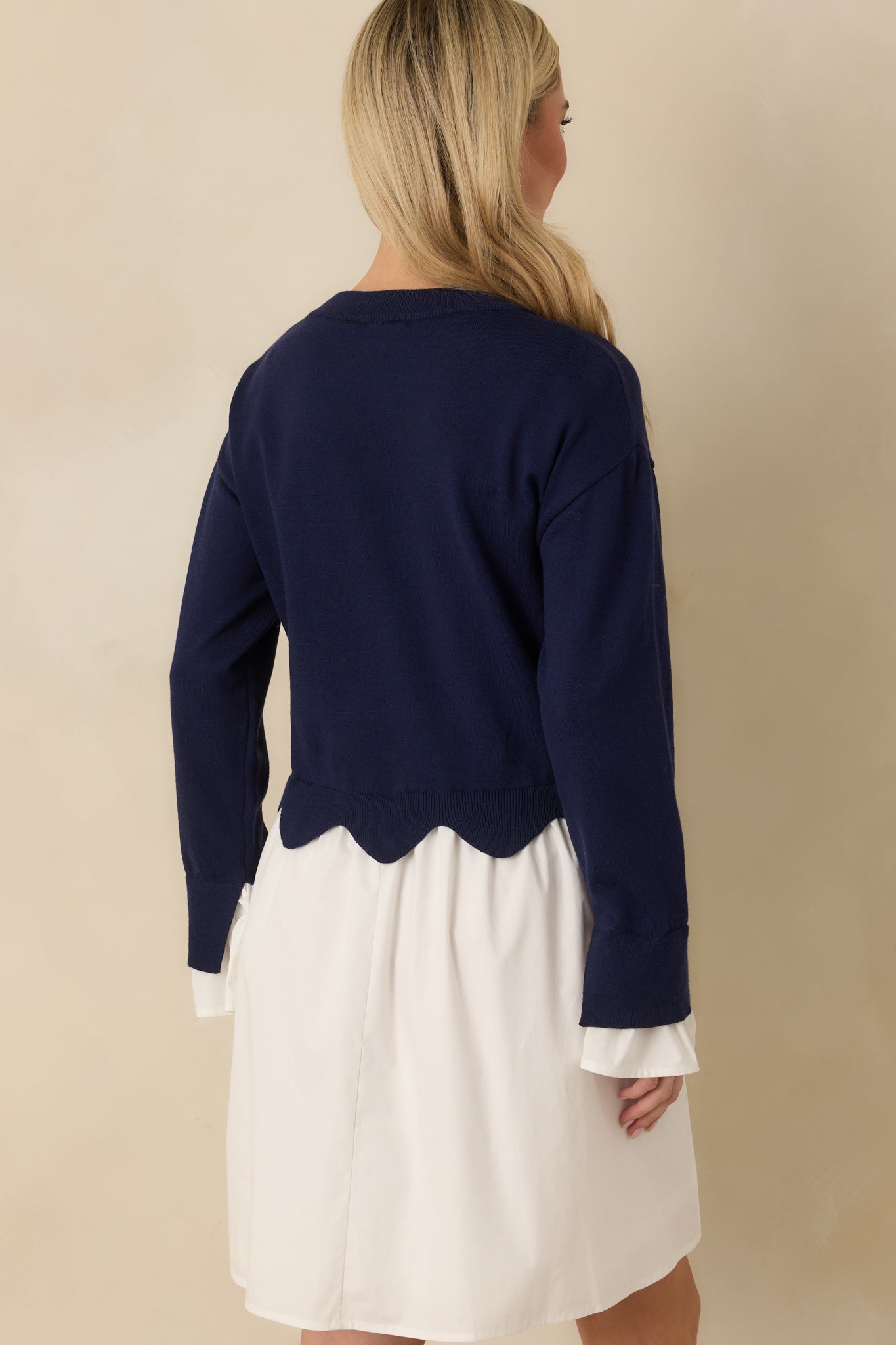Made to Charm Navy Scalloped Sweater Mini Dress