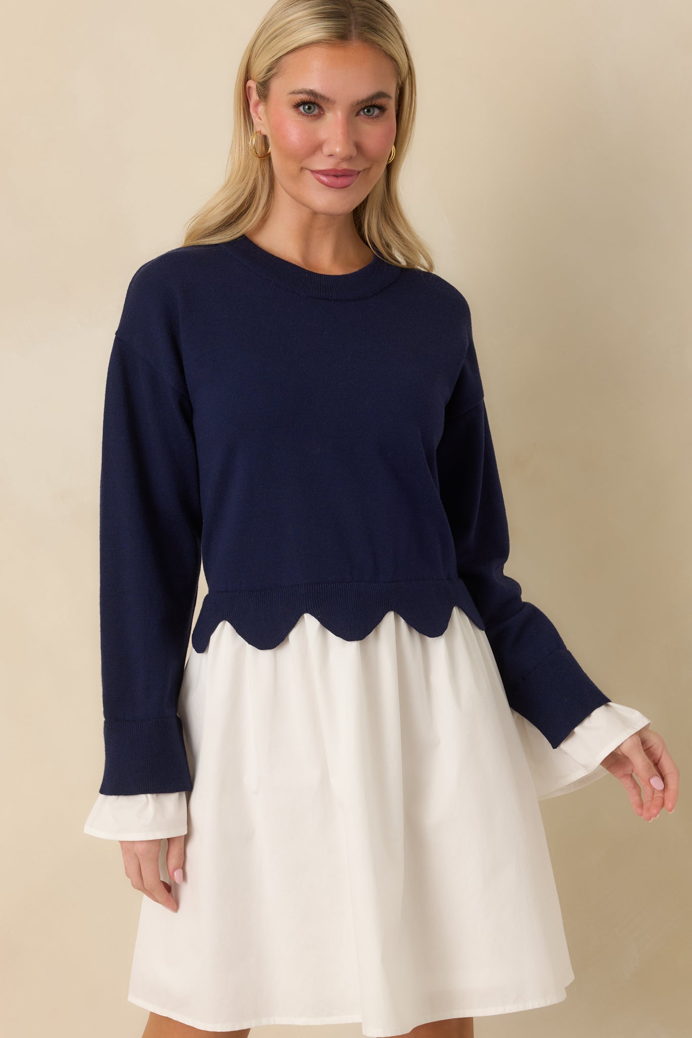 Made to Charm Navy Scalloped Sweater Mini Dress