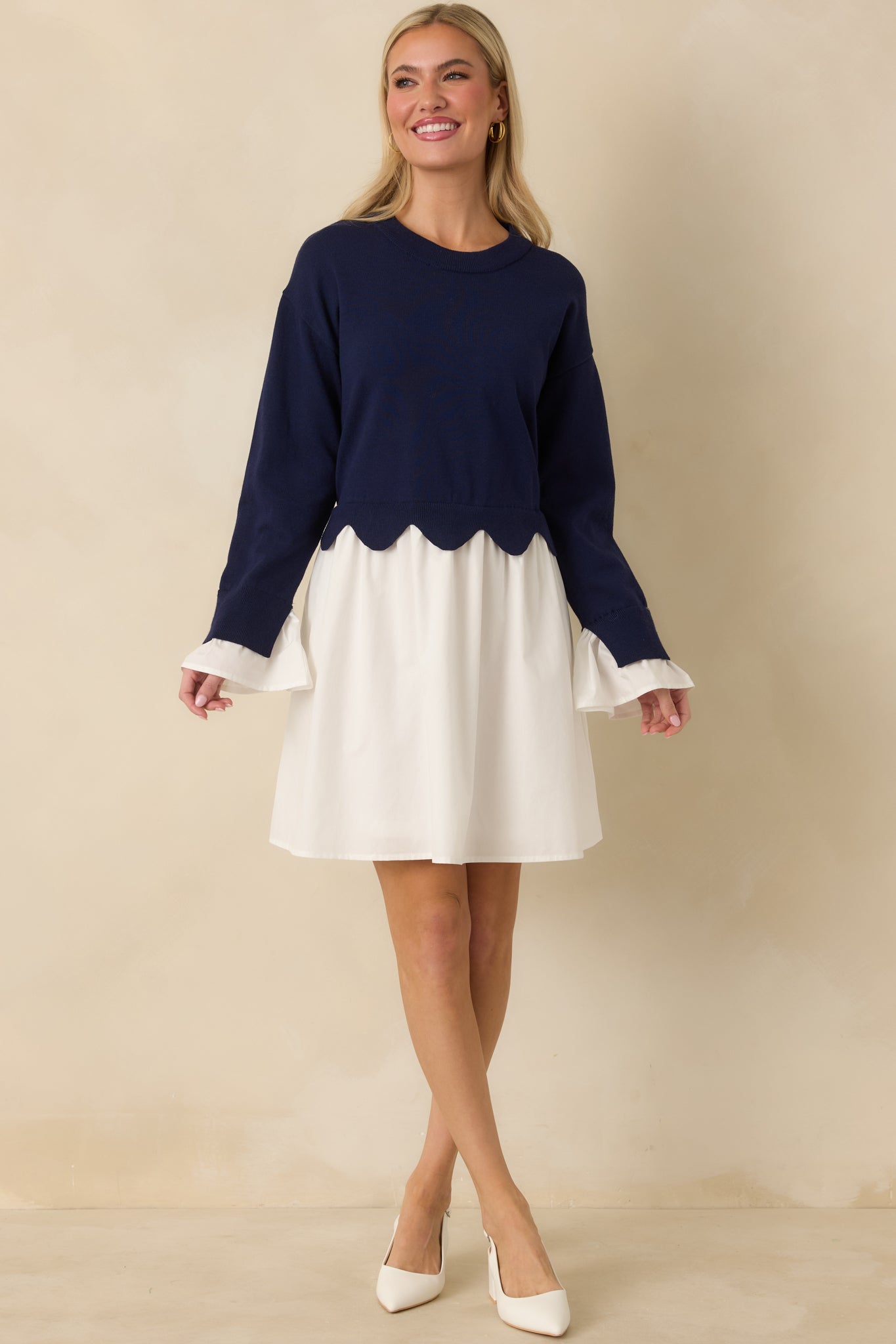 Made to Charm Navy Scalloped Sweater Mini Dress