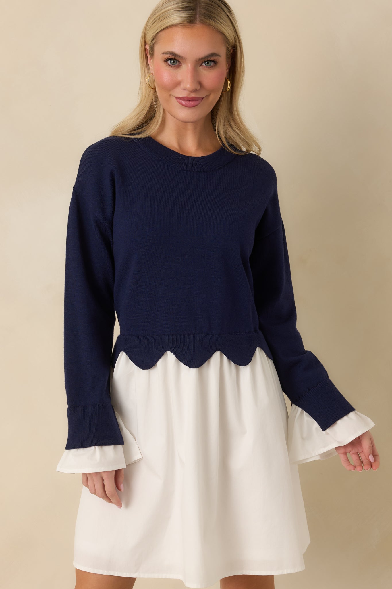 Made to Charm Navy Scalloped Sweater Mini Dress