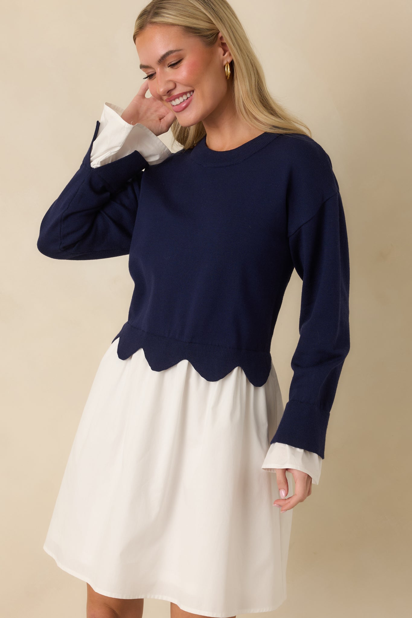 Made to Charm Navy Scalloped Sweater Mini Dress