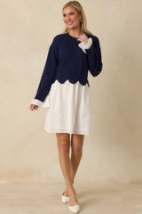 Made to Charm Navy Scalloped Sweater Mini Dress