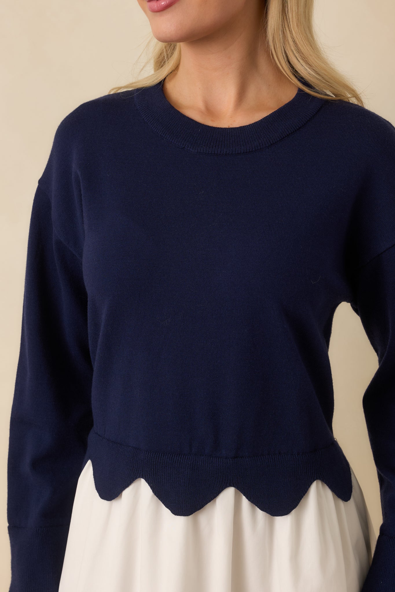 Made to Charm Navy Scalloped Sweater Mini Dress