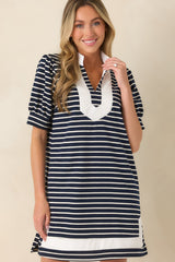 Easy Days Only Navy Stripe Puff Sleeve Mini Dress