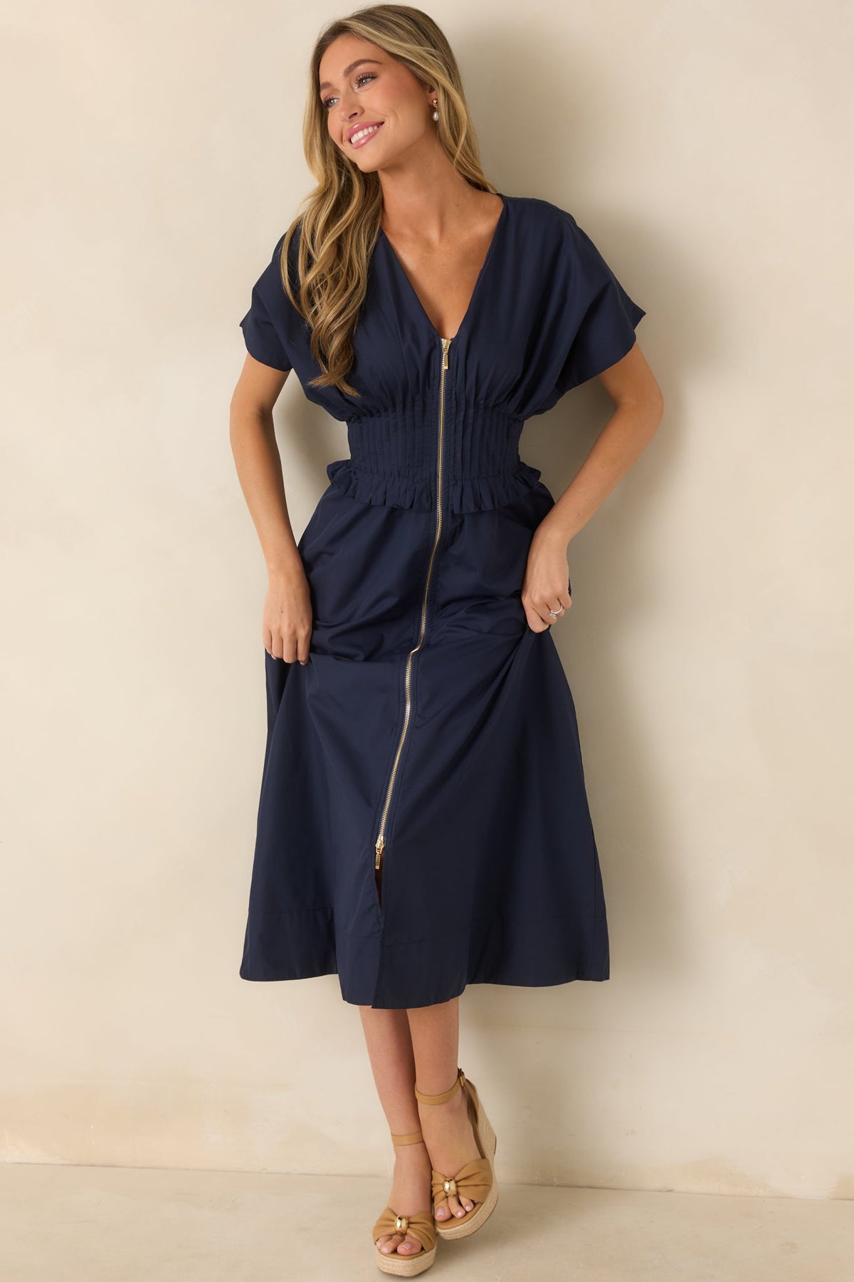 Let It Be Easy Navy Smocked Waist Zip Maxi Dress