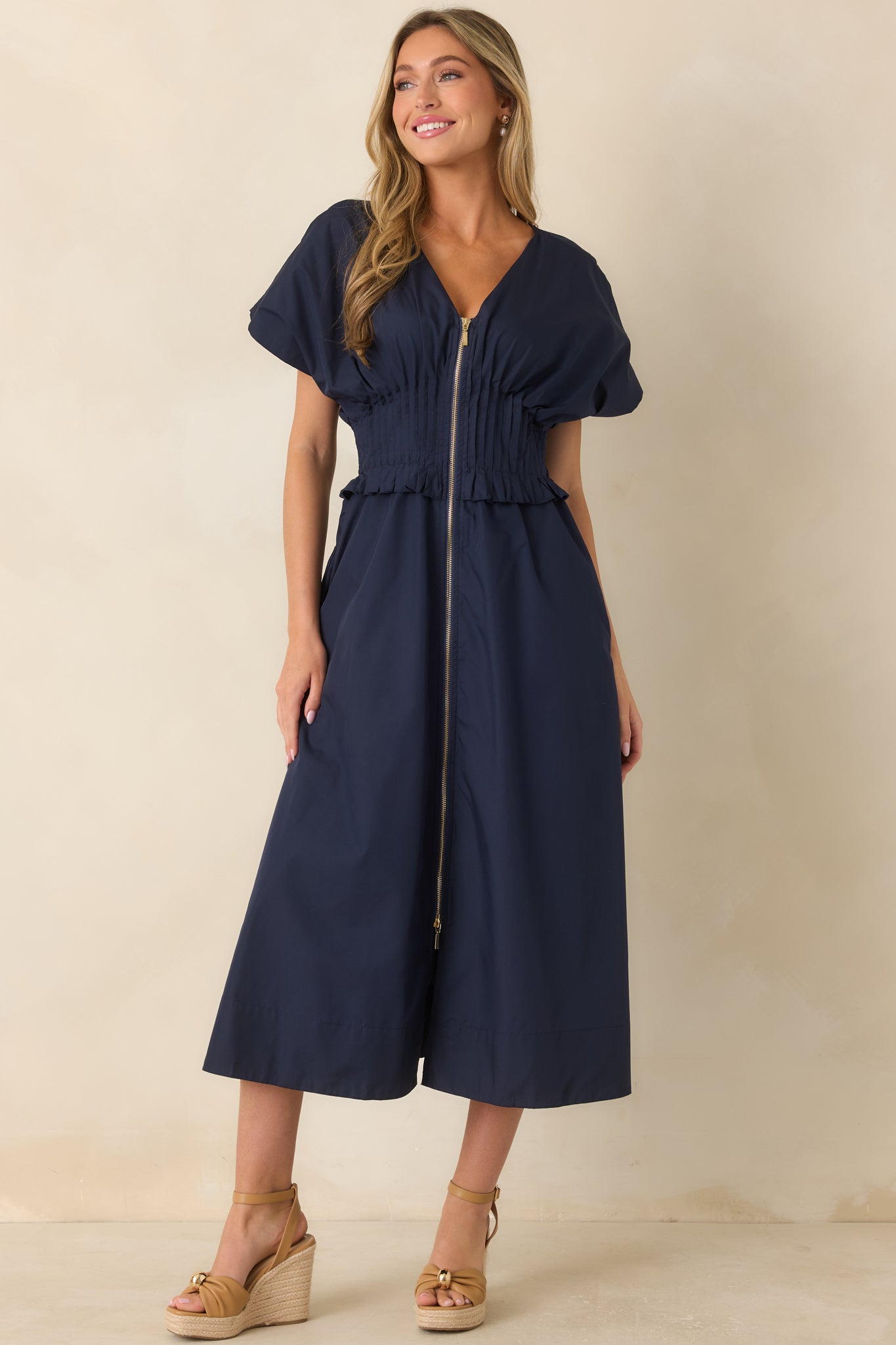 Let It Be Easy Navy Smocked Waist Zip Maxi Dress