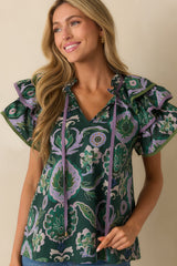 The Rest Is Certain Green Multi Print Cotton Ruffle Sleeve Blouse