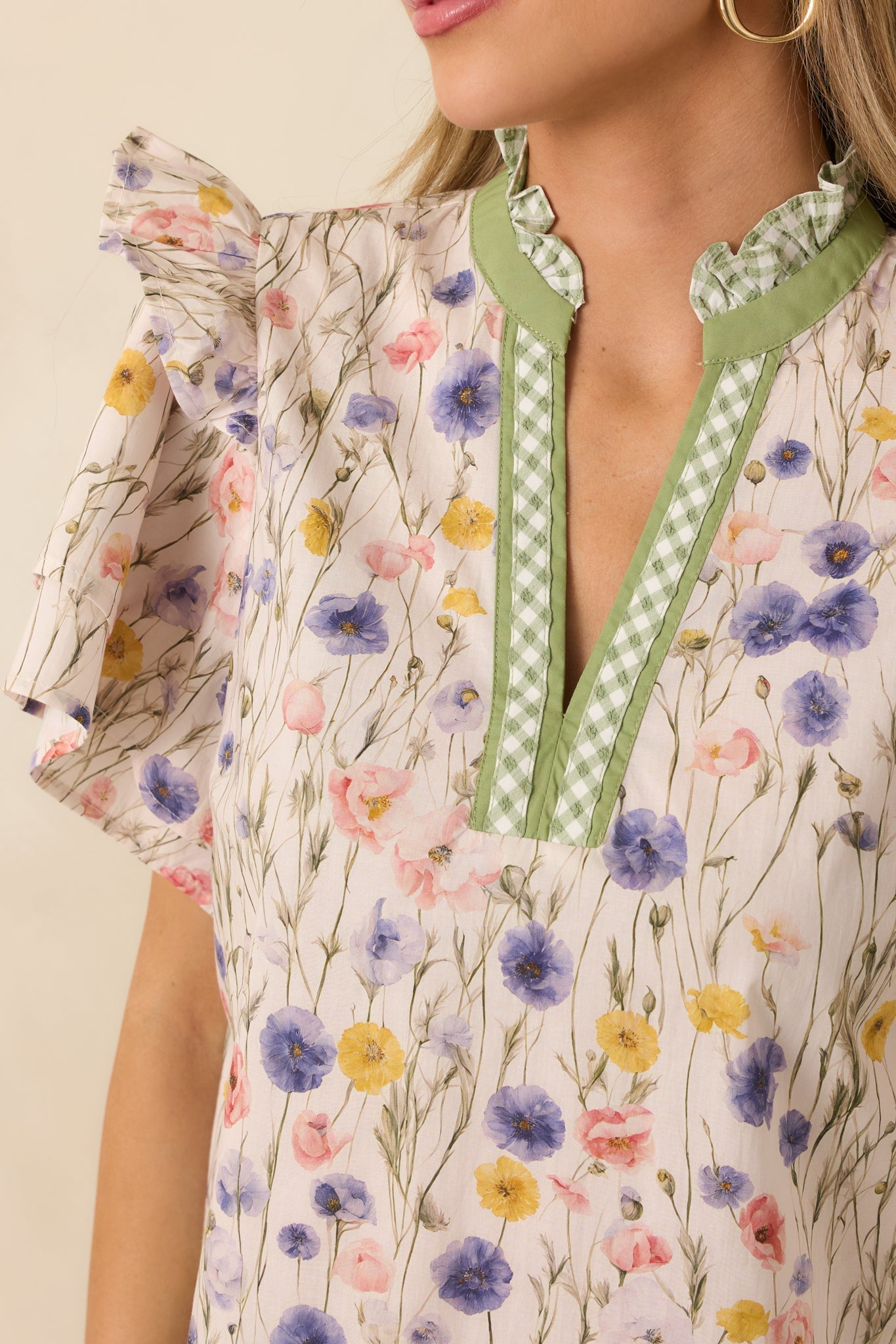 Painted Meadows Ivory Multi Cotton Floral Print Ruffle Sleeve Blouse