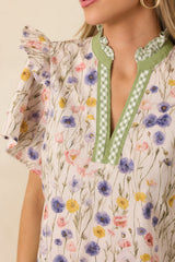 Painted Meadows Ivory Multi Cotton Floral Print Ruffle Sleeve Blouse