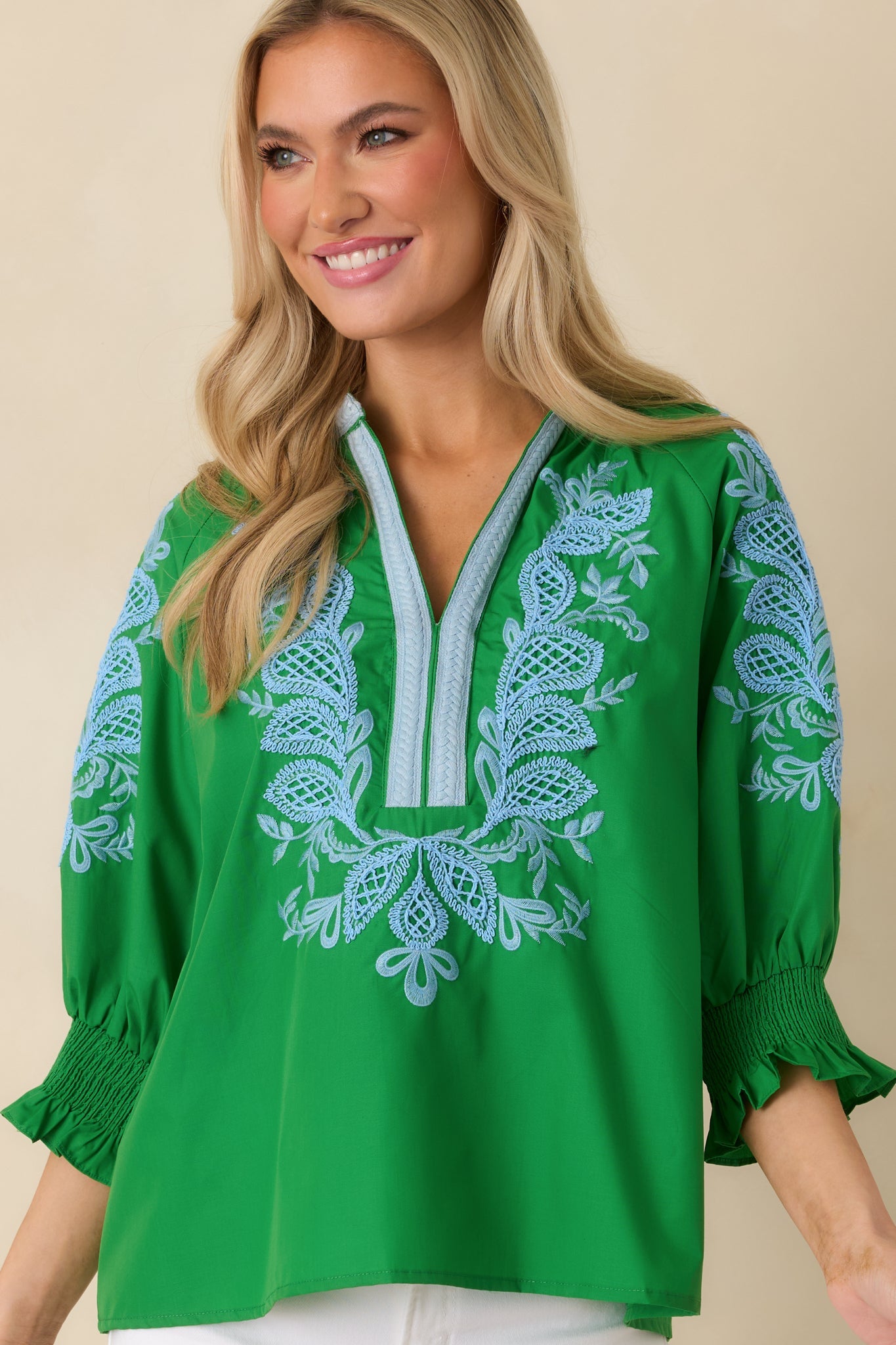 Simple Joys Green Embroidered V-Neck Puff Sleeve Top