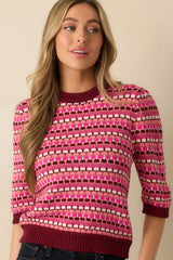 Choosing Cheerful Pink Multi Knit Striped 3/4 Sleeve Sweater