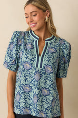 Nothing To Add Navy Multi Floral Print Cotton Puff Sleeve Top