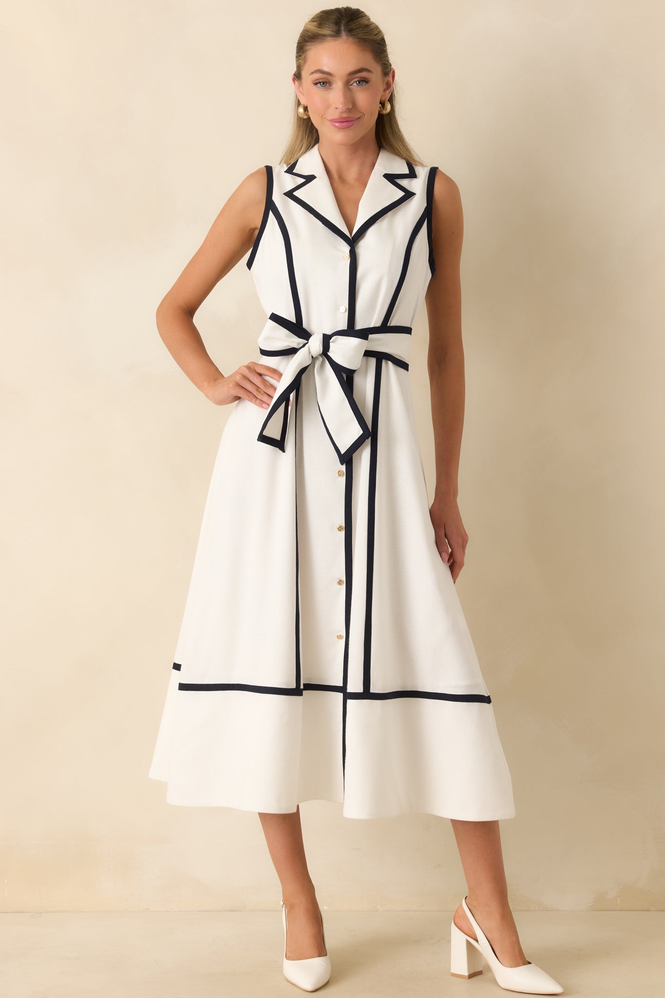 Prosperina Simone White & Navy Contrast Linen Blend Midi Dress