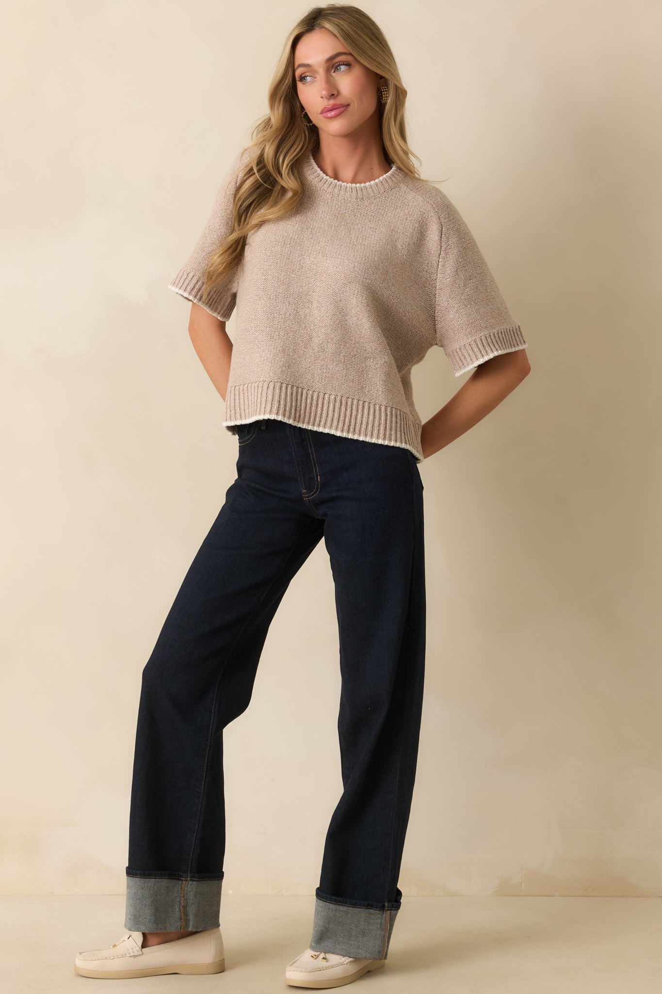 Never Looked Back Oatmeal Beige Contrast Trim Short Sleeve Sweater