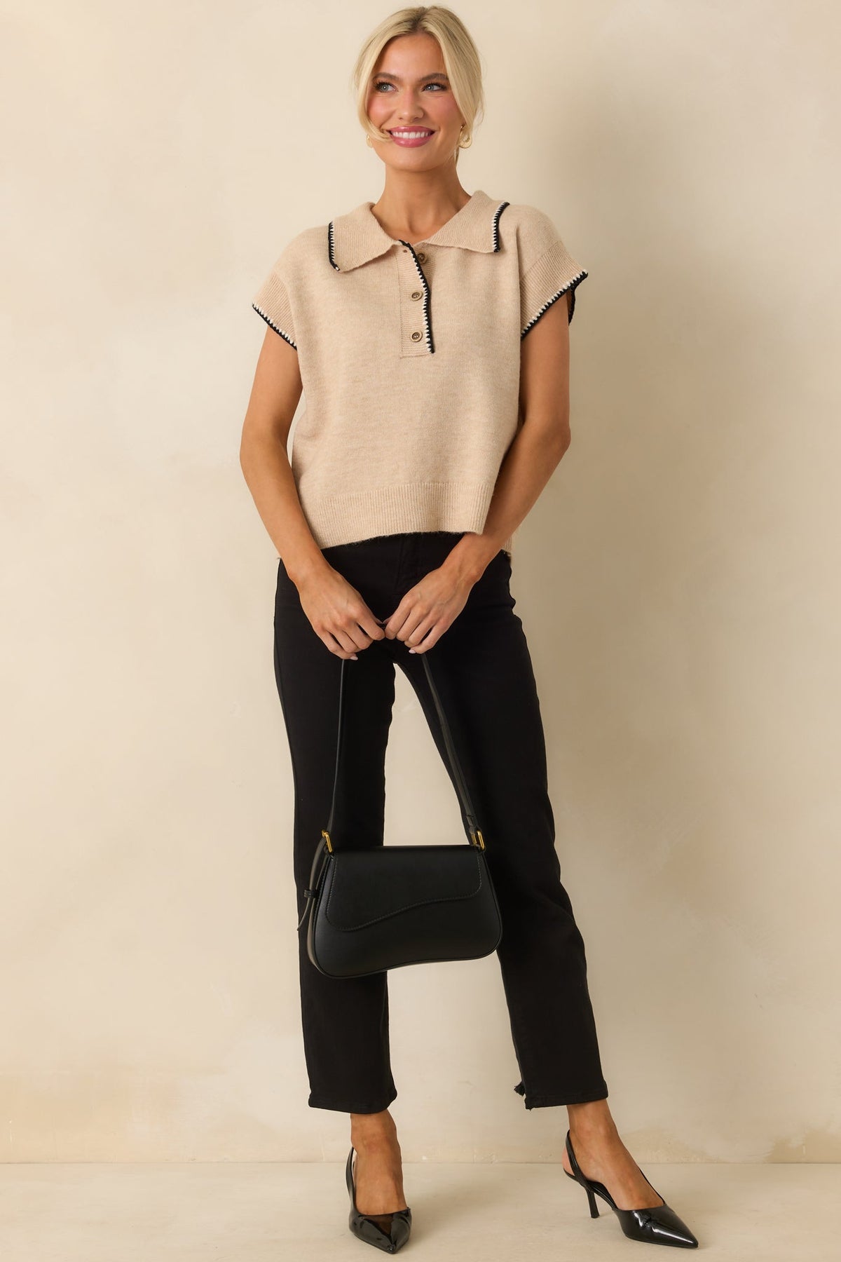 Let's Call It Even Oatmeal Beige Contrast Trim Knit Short Sleeve Polo Top