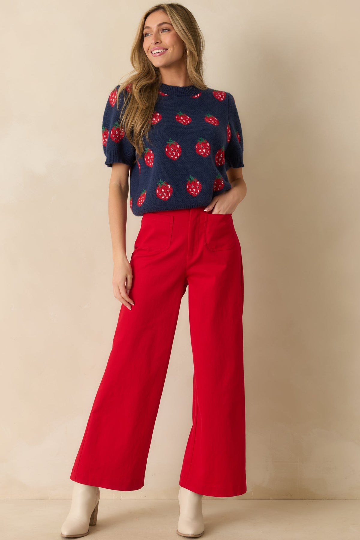 Just My Jam Navy Strawberry Knit Short Sleeve Sweater