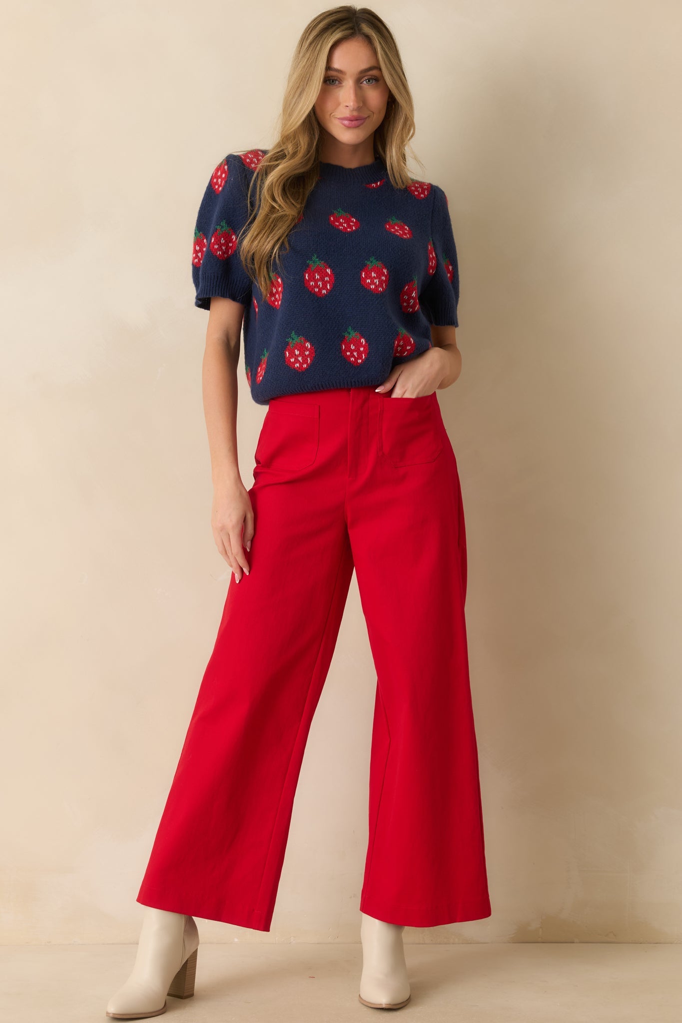 Just My Jam Navy Strawberry Knit Short Sleeve Sweater