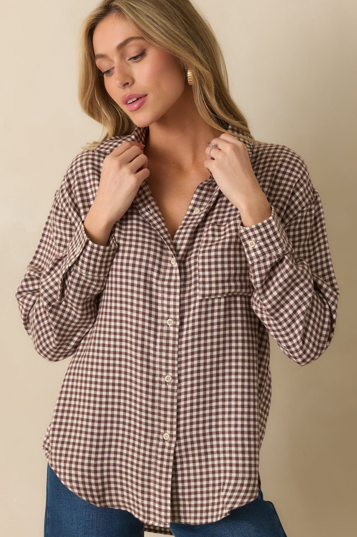 Z Supply Chocolate Brown River Plaid Button Up Top