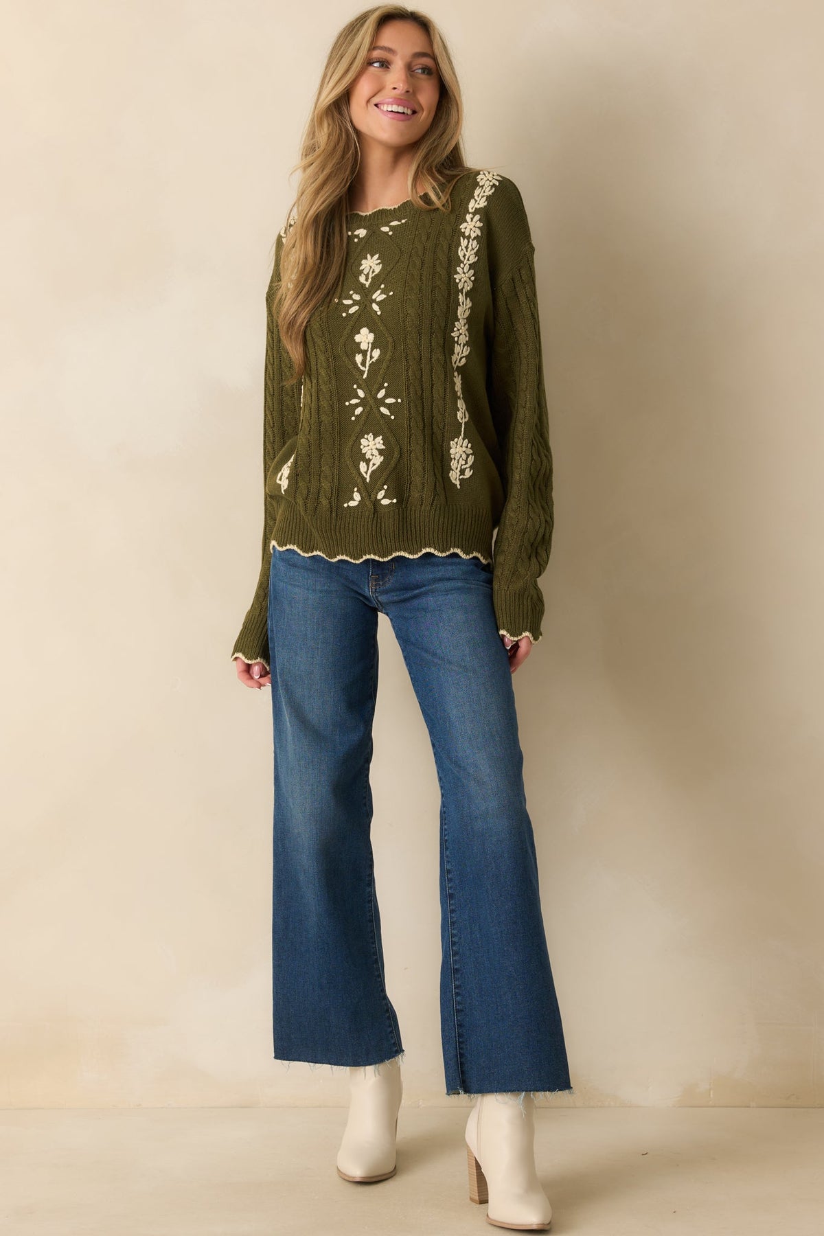 Guess Again Olive Cable Knit Floral Embroidered Scallop Hem Sweater