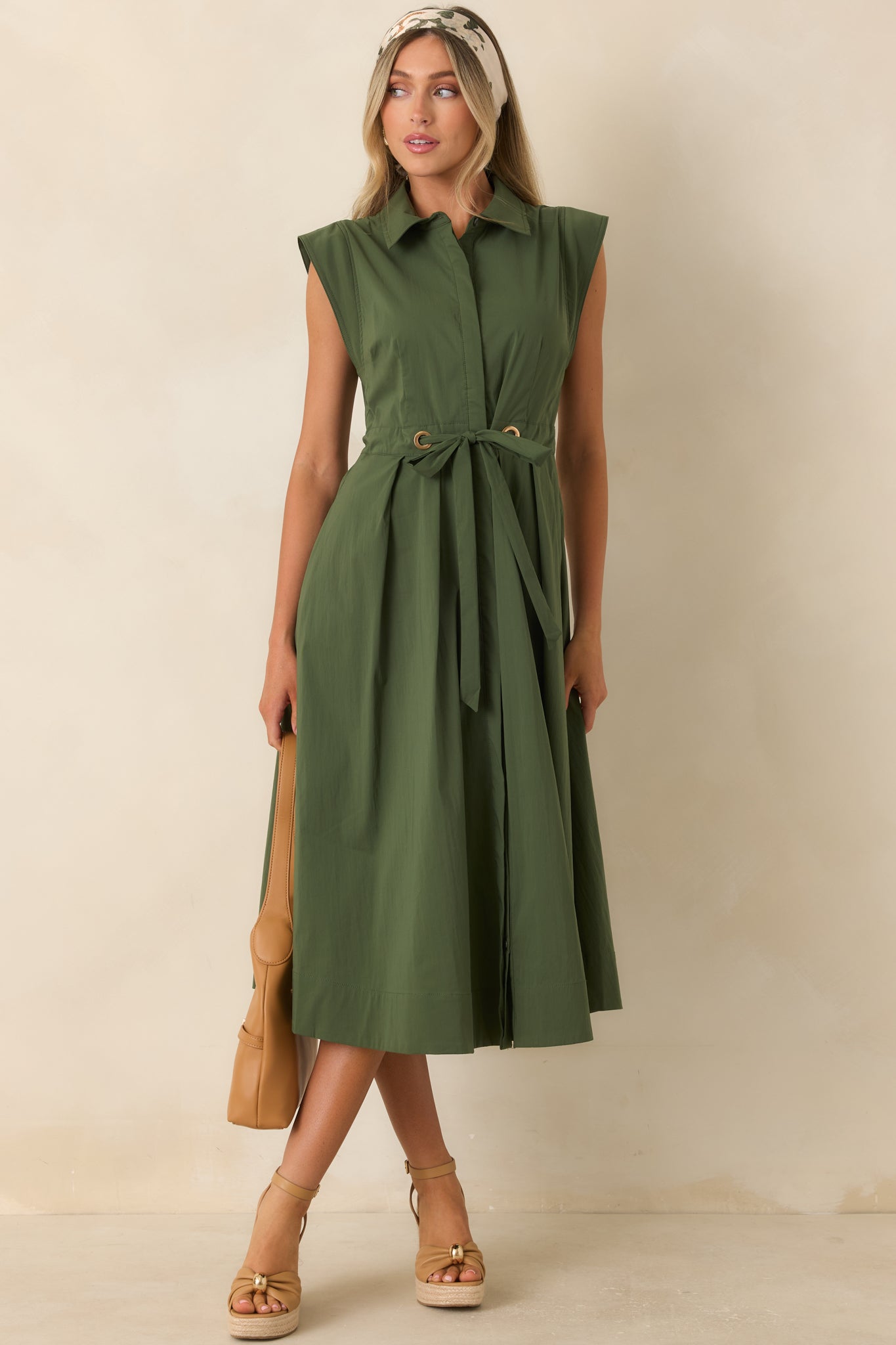 A Better Plan Olive Green Cotton Poplin Belted Midi Dress