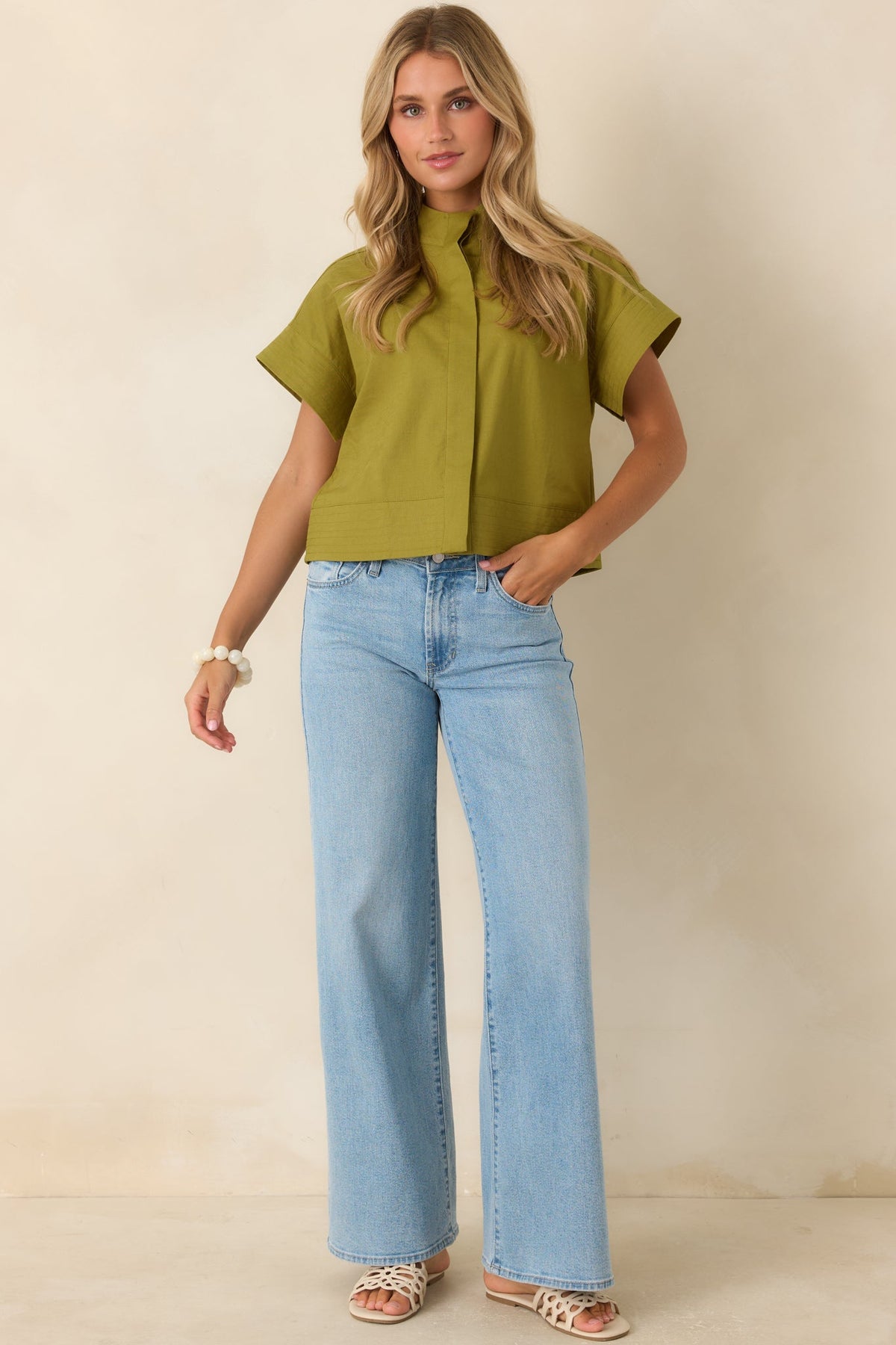 Pretty In Power Olive Green Cotton Linen Button-Front Mock Neck Top
