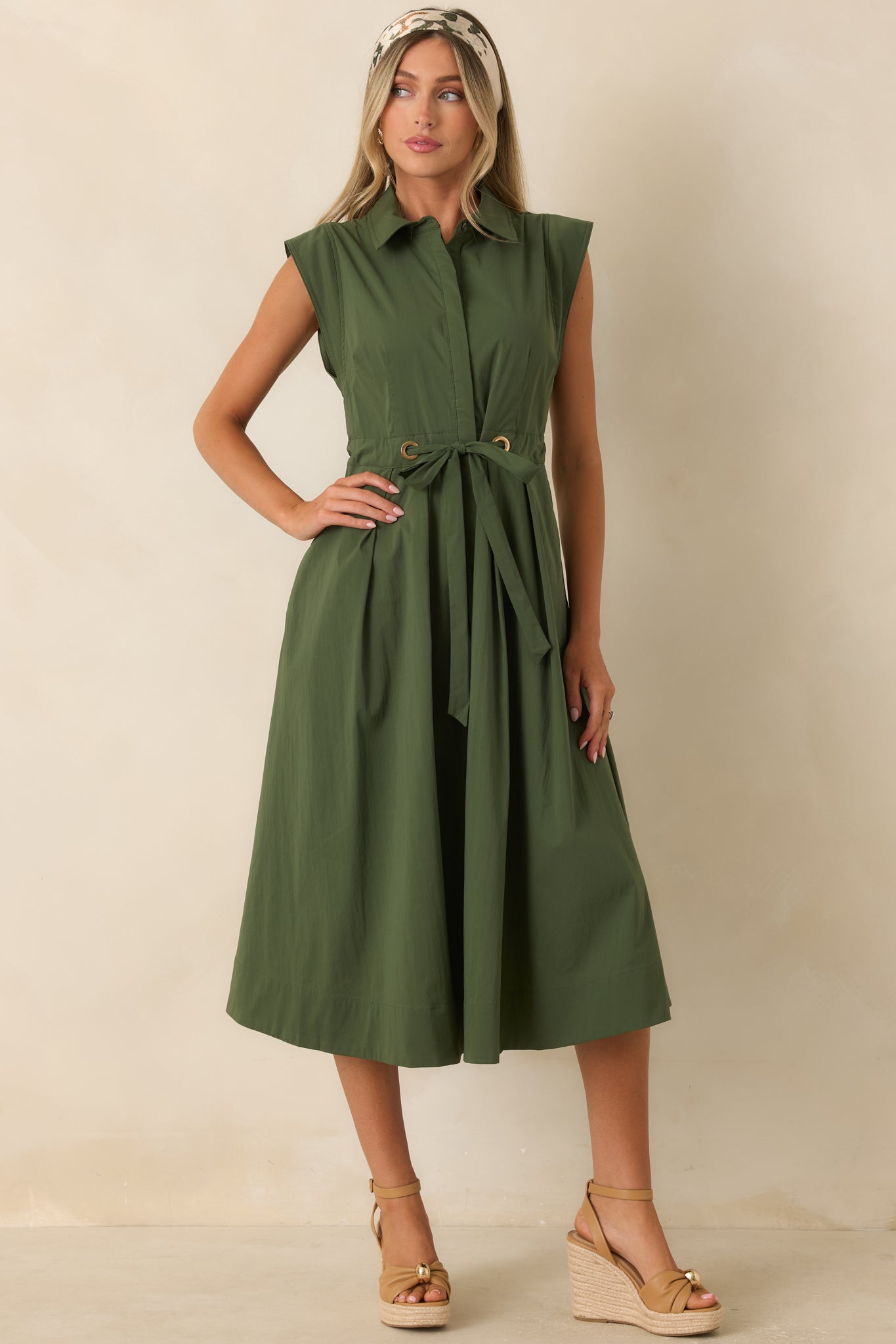 A Better Plan Olive Green Cotton Poplin Belted Midi Dress