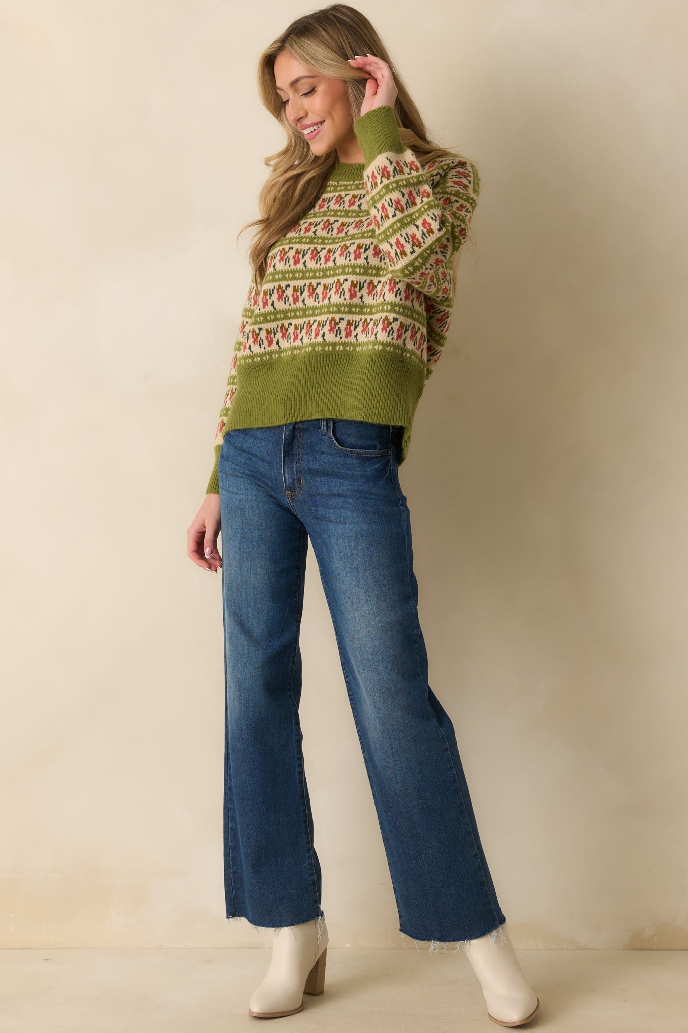 Guess What's Next Light Olive Multi Fair Isle Knit Crewneck Sweater