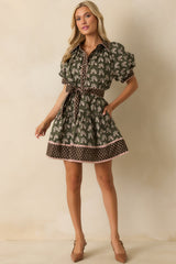 Nothing Forgotten Olive Green Multi Floral Print Cotton Mini Dress