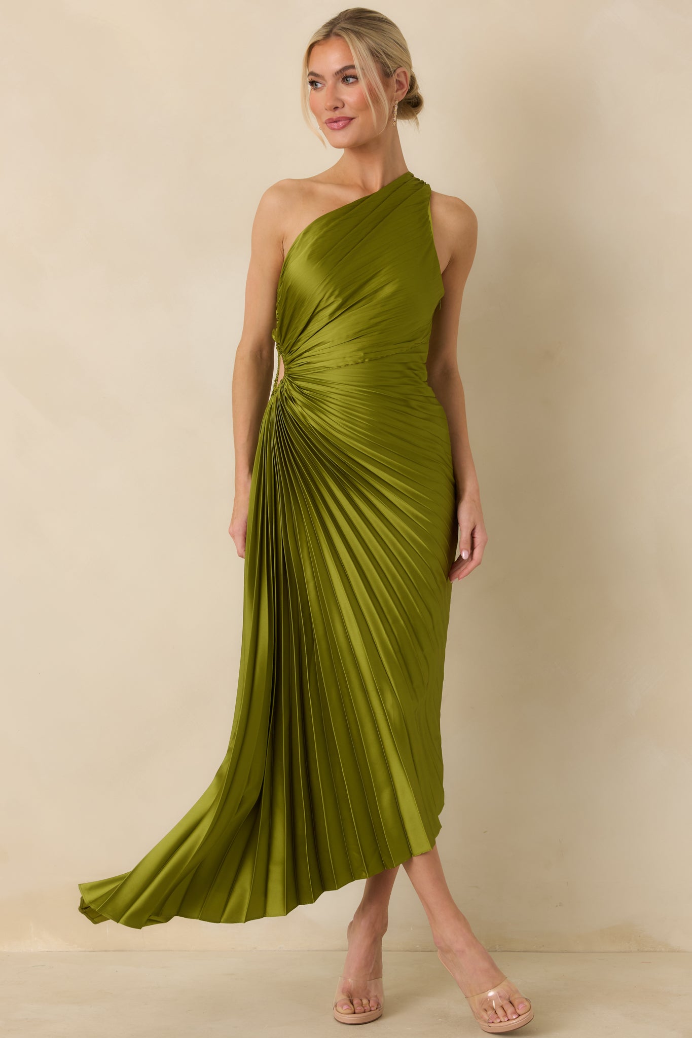 Poetic Charm Olive Green Asymmetric One Shoulder Maxi Dress